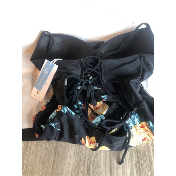 Women's Cupshe Black Floral Print Halter High Waist One Piece Size Medium NEW!! - Picture 6 of 10